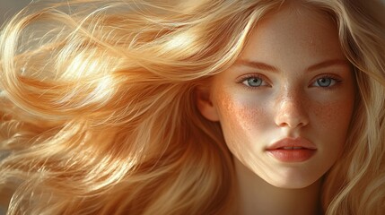 Naklejka premium Young Woman With Flowing Golden Hair and Captivating Blue Eyes in Natural Light Generative AI