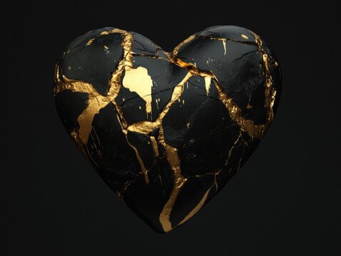 Kintsugi heart: black ceramic with gold repair on dark background - Powered by Adobe