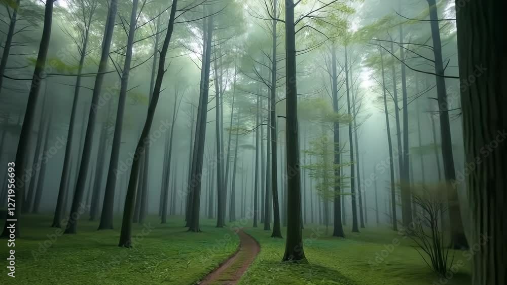 Aufkleber enchanted forest path winding through tall trees with misty fog creating a magical and serene atmosp