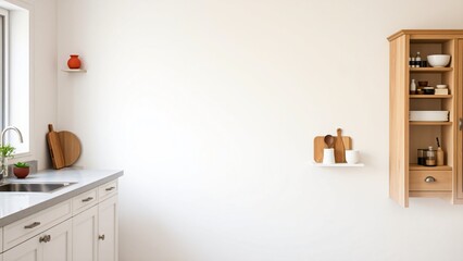 Minimalist Kitchen Interior with Wooden Cabinet and White Countertops