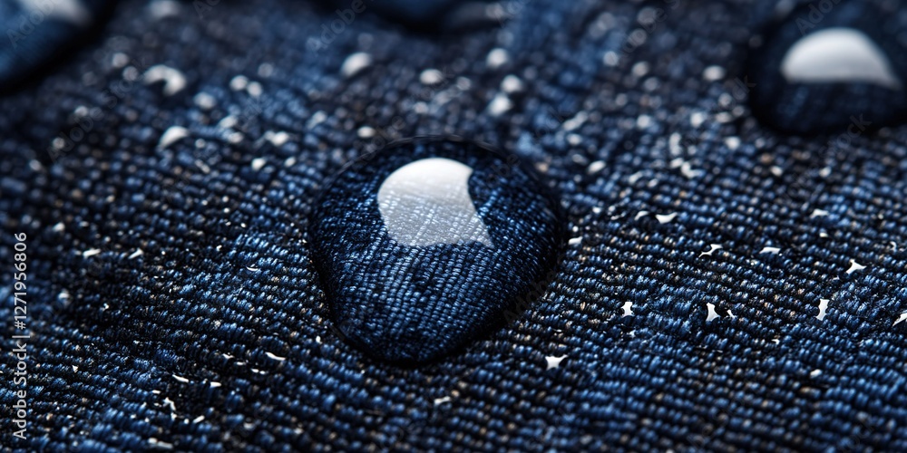 Poster water droplets on denim fabric showcase texture and color patterns in close-up view