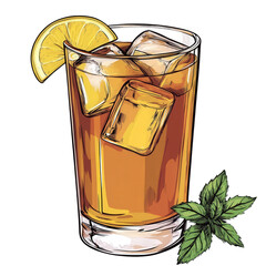 A glass of iced tea with ice, lemon wedge, and mint leaves, transparent background, PNG