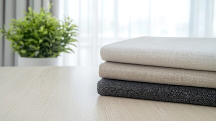 Stacked neutral colored fabrics on light wooden table, indoor setting, possible for fabric store, fashion, or design catalog
