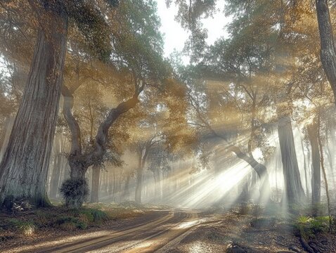Sun-drenched forest path with majestic trees and morning mist