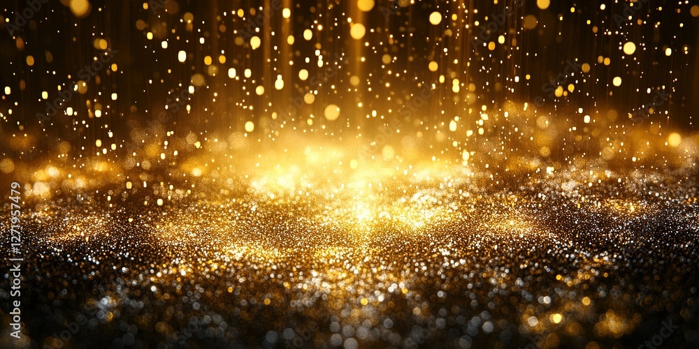 Poster glittering golden particles create a mesmerizing backdrop with vibrant light reflections in an artis