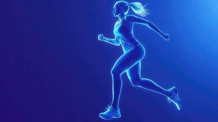 Dynamic silhouette of a female runner in blue neon light emphasizing athleticism and movement against a dark background