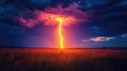 Fototapeta premium A breathtaking display of lightning striking in the vibrant twilight sky over a serene grassland landscape