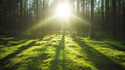 Fototapeta premium Bright sunbeams are filtering through trees, creating beautiful light rays and illuminating the vibrant green moss covering the forest floor, evoking a sense of tranquility and magic