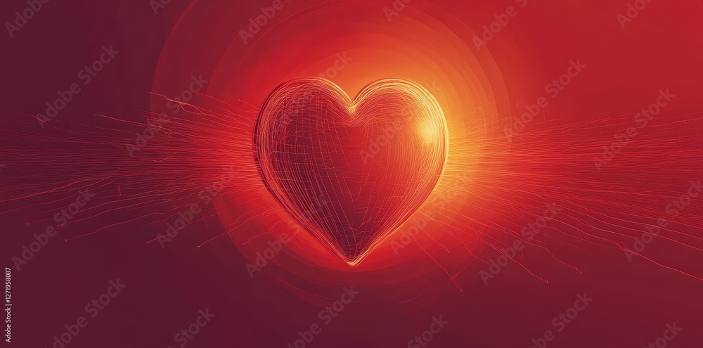 Poster glowing heart with radiating lines on gradient red background