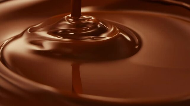 A close-up AI-generated video of smooth chocolate flowing and swirling, capturing the rich texture and glossy appearance of melted chocolate.
