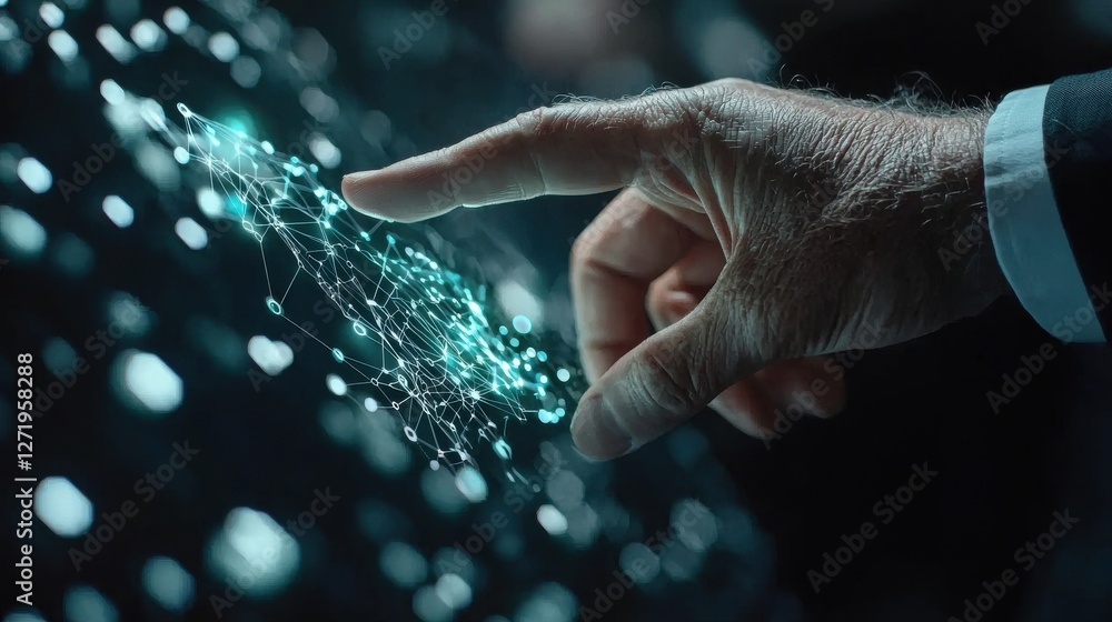 Poster a man's hand is pointing at a screen with a lot of lines and dots