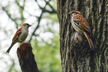 Two sparrows perched on a tree branch, enjoying a calm moment in nature surrounded by greenery and soft sunlight
