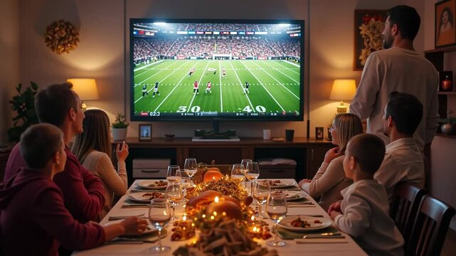  Family enjoying a football game together in a cozy living room with a festive Thanksgiving table set in the background