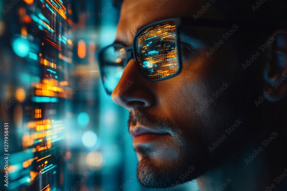 Leinwandbilder Programmer working with data center server, analyzing big data wearing glasses reflecting code