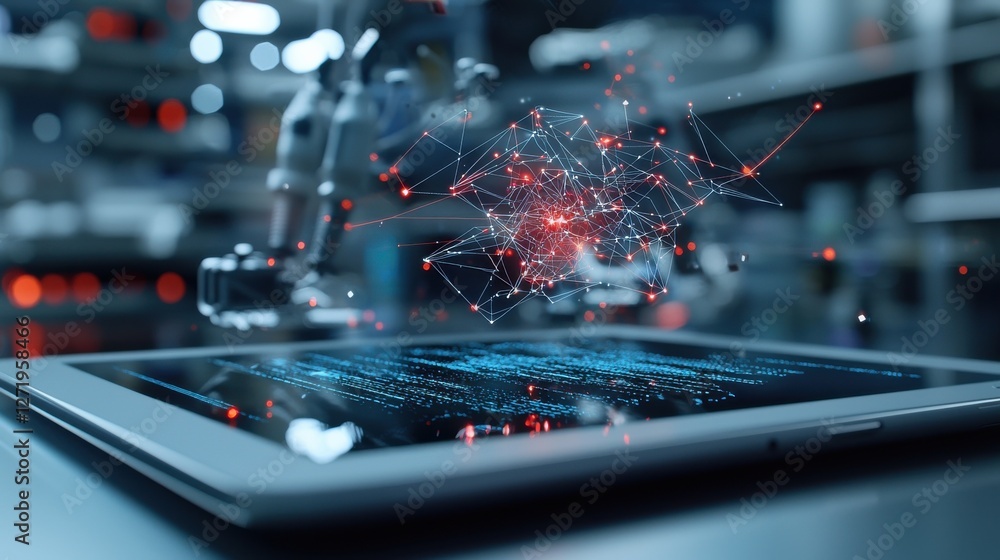 Poster a tablet with a robot on it and a red and blue network of lines