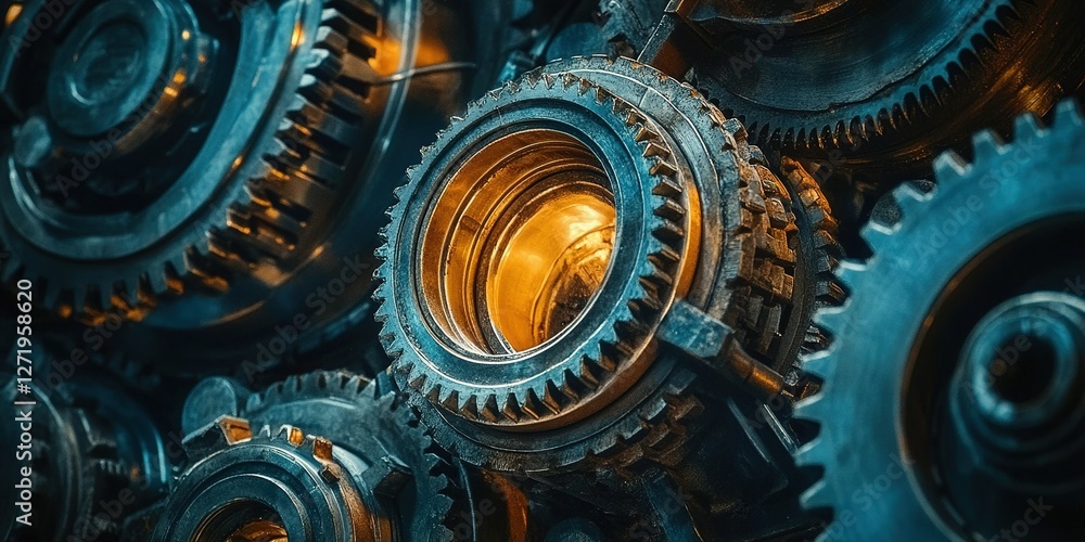 Poster detailed close-up view of interlocking gears and cogs in a mechanical assembly at a workshop