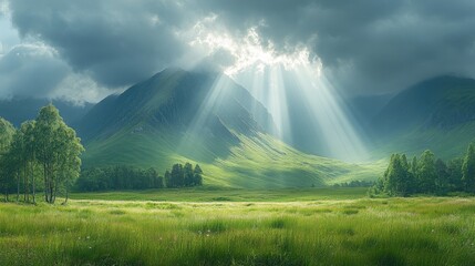 Dramatic sunlight filtering through dark clouds over a tranquil grassy valley surrounded by majestic mountains
