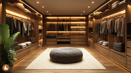 Luxurious walk-in closet with elegant wooden furnishings, ambient lighting, and a cozy seating area showcasing modern interior design and style.