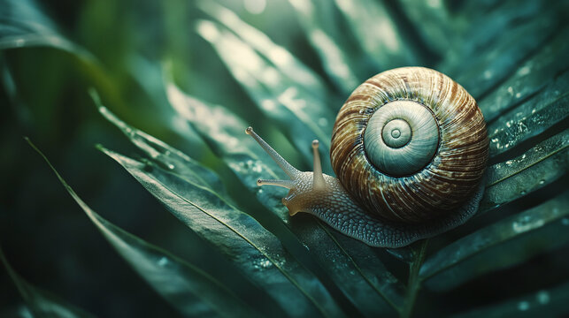 Close-up of a snail with a spiral shell crawling along a green leaf in a lush natural setting.