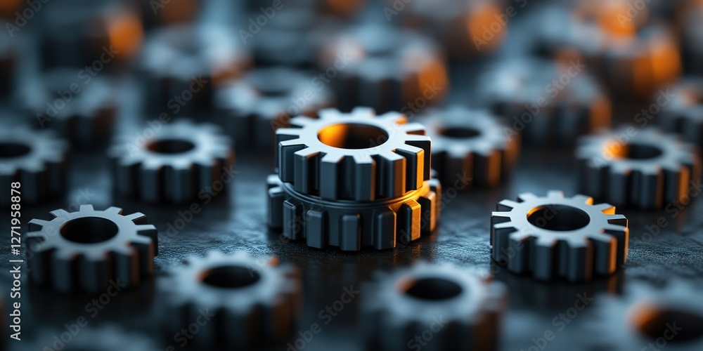 Poster detailed gears are arranged dynamically on a surface with warm lighting highlighting their features 