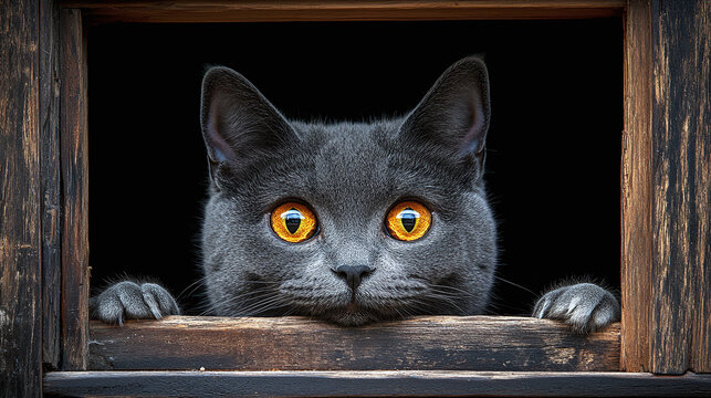 Close-up of gray shorthair cat with intense amber eyes peering through rustic wooden window frame.