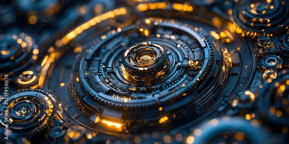 Poster intricate gears and mechanisms with glowing lights create a mesmerizing abstract technology pattern