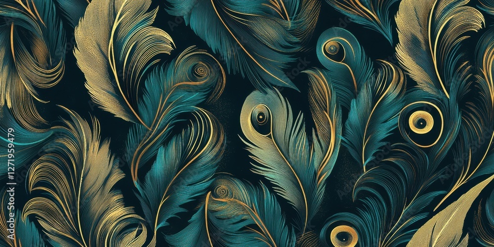 Aufkleber luxurious teal and gold feathers create a captivating abstract pattern