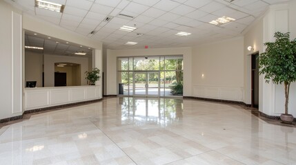 Obraz premium Modern building lobby with glass doors, marble floor, and plants