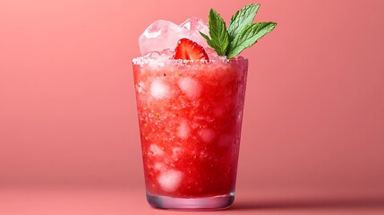 A frosty strawberry slush with crushed ice and a mint leaf garnish on a soft pink solid background