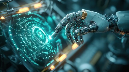 A robot's hand is touching a glowing circle on a screen