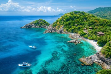 Fototapeta premium Boats moored near tropical island coastline in turquoise water