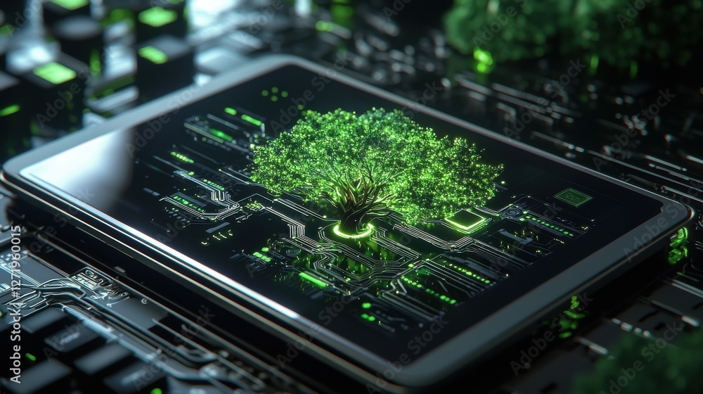 Poster a tablet with a tree on it is displayed on a circuit board