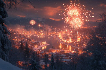 Vibrant Fireworks Display Over Crowded Carnival with Ferris Wheel and Amusement Rides at Night, Generative AI