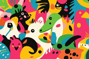 Colorful whimsical animals are layered on top of each other