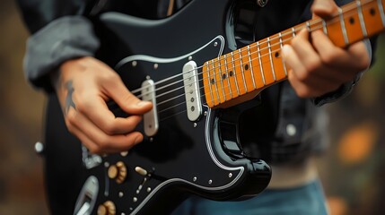 Fototapeta premium Closeup of a Man Playing an Black Electric Guitar