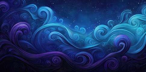 Abstract painting displays swirling waves of blue and purple hues
