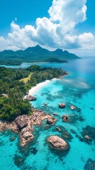Breathtaking tropical island with turquoise water and lush vegetation under a cloudy sky