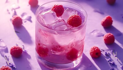 A glass of icy raspberry lemonade with ice cubes and fresh raspberries on a soft lavender background