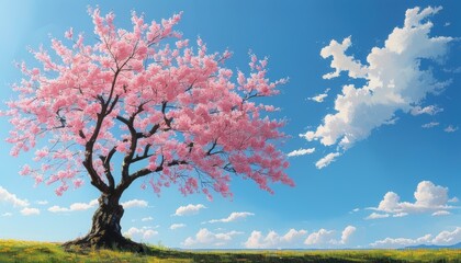Blooming cherry blossom tree against clear blue sky with copy space for nature-themed designs