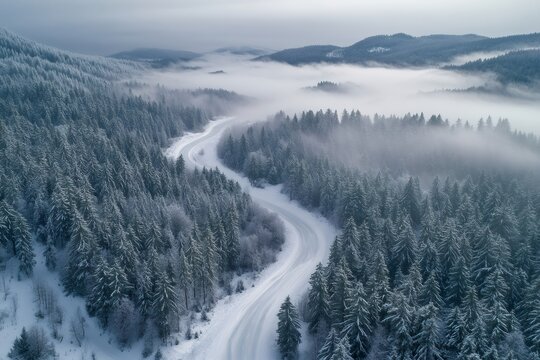 Winding snowy road through foggy winter forest landscape