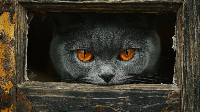 Close-up of gray shorthair cat with intense amber eyes peering through rustic wooden window frame.