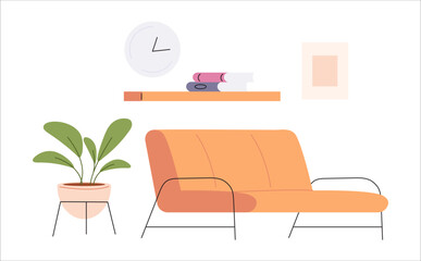Minimalist vector illustration of a modern living room with a cozy orange sofa, potted plant, bookshelf, clock, and wall decor.