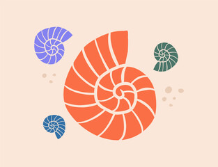 Minimalist vector illustration of ammonite fossils in various colors and sizes. Stylized spiral shell design with a modern aesthetic, representing prehistoric marine life, paleontology, and natural hi