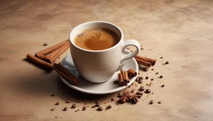 Obraz premium Coffee liquid with a sprinkle of cinnamon on the side, hot, cinnamon