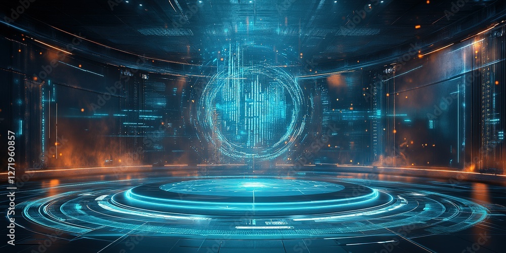 Poster futuristic digital interface with glowing holographic elements in a high-tech environment