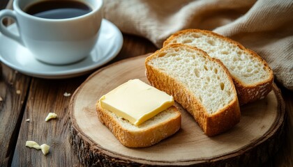 Butter on fresh bread for breakfast, accompanied by a cup of steaming coffee. Breakfast on a rustic wooden background.