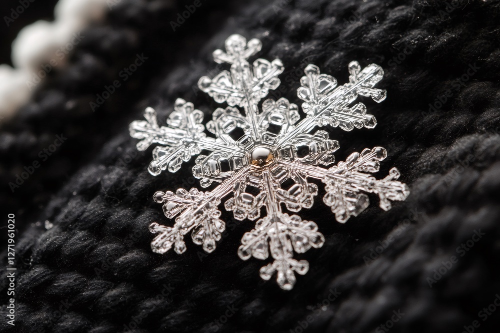 Poster close up macro photograph of snowflake resting on black woolen fabric