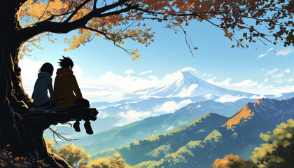 Fototapeta premium Anime scene of two figures overlooking mountain landscape with copy space