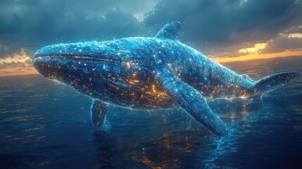 Naklejka premium A stunning digital whale breaches the surface of a tranquil ocean at sunset, merging nature with technology in a captivating visual experience.
