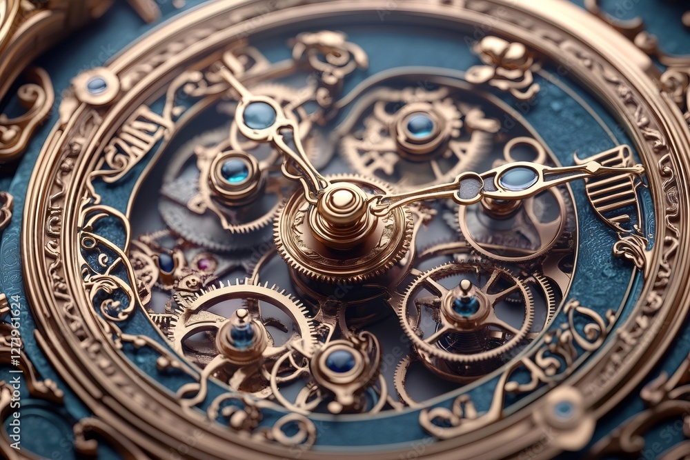 Poster intricate clockwork mechanism with gold gears and jewels displaying time